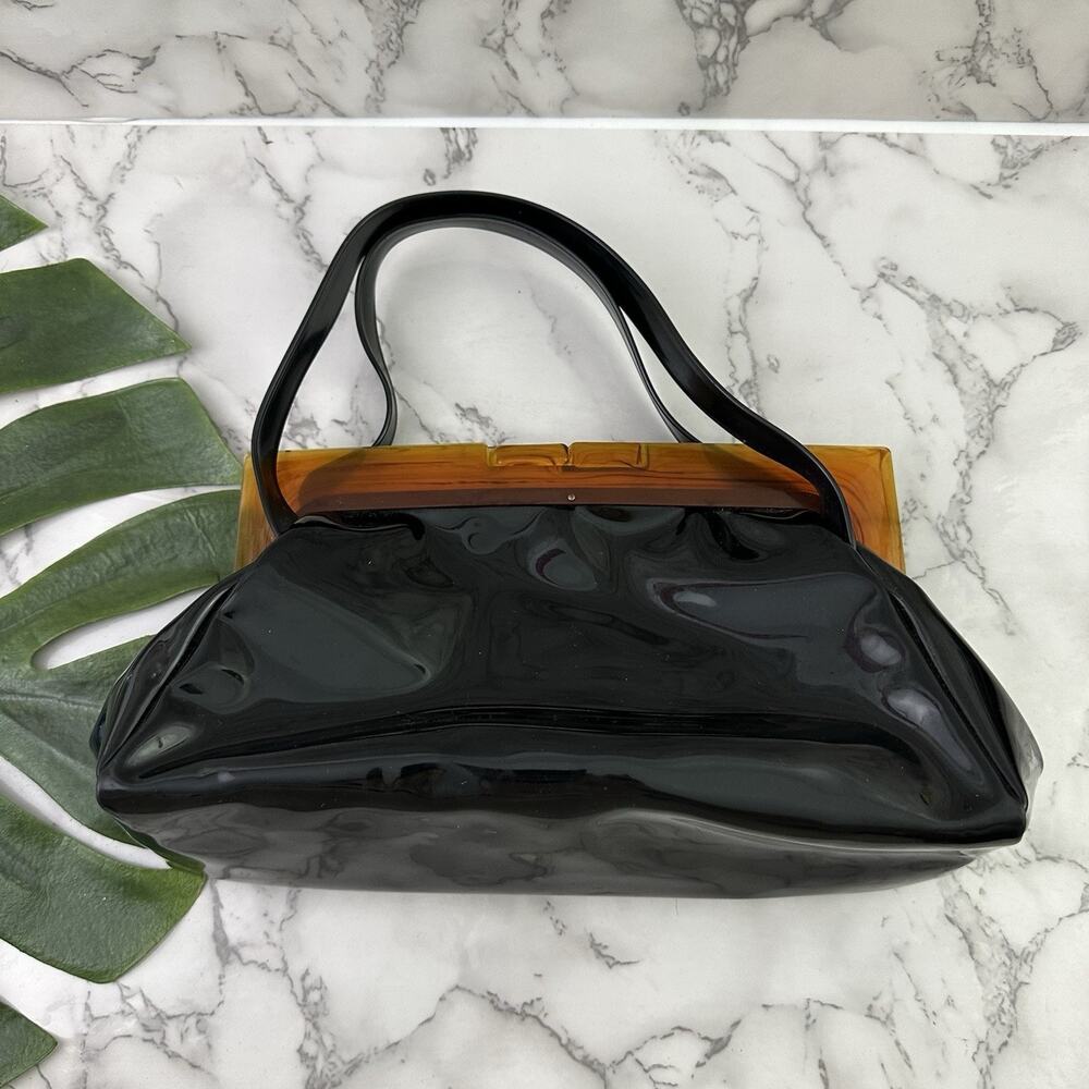 Park Lane Vintage 60s Kiss Lock Frame Purse Bag Black Patent Vinyl Top Handle